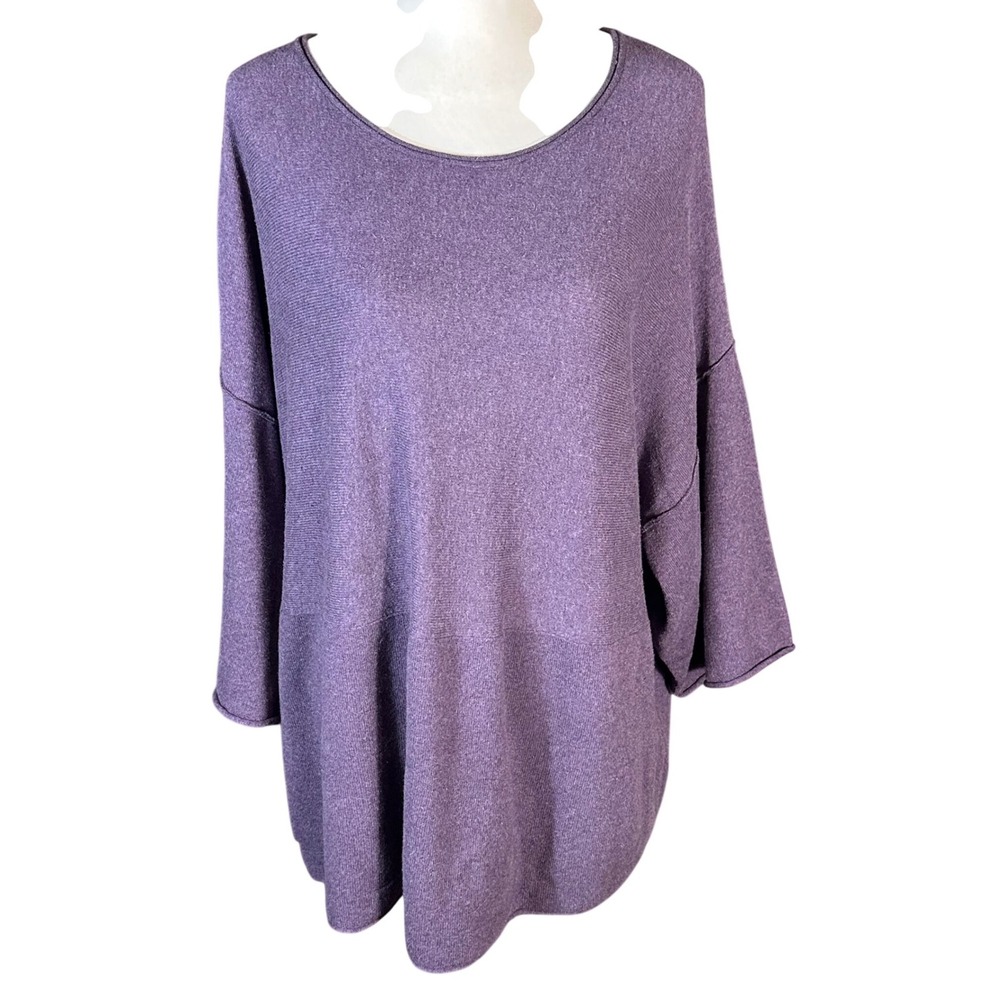 Pure Jill Sweater‎ Womens 1X Purple Cotton Cashmere Blend Boxy Knit 3/4 Sleeve
